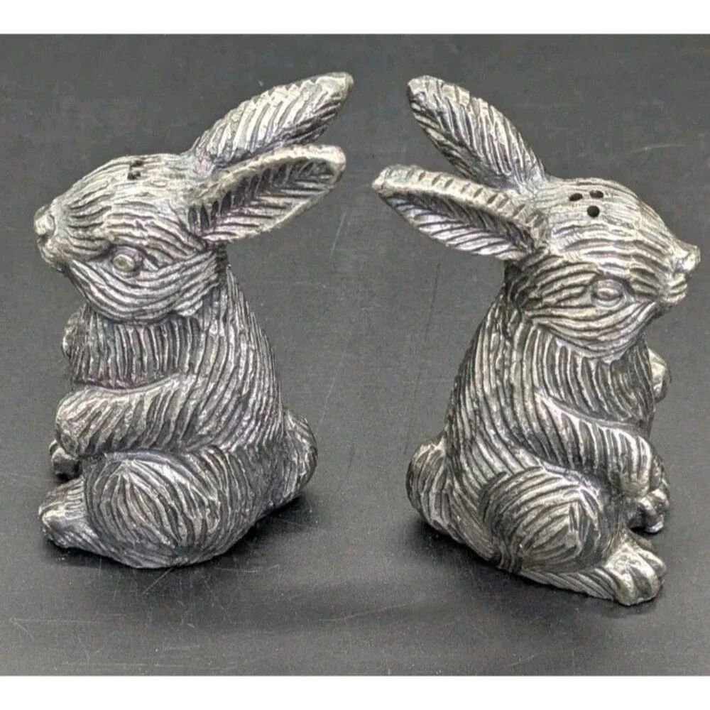 Pottery Barn Pewter Easter Bunny Rabbit Salt & Pepper Shakers 3 3/4